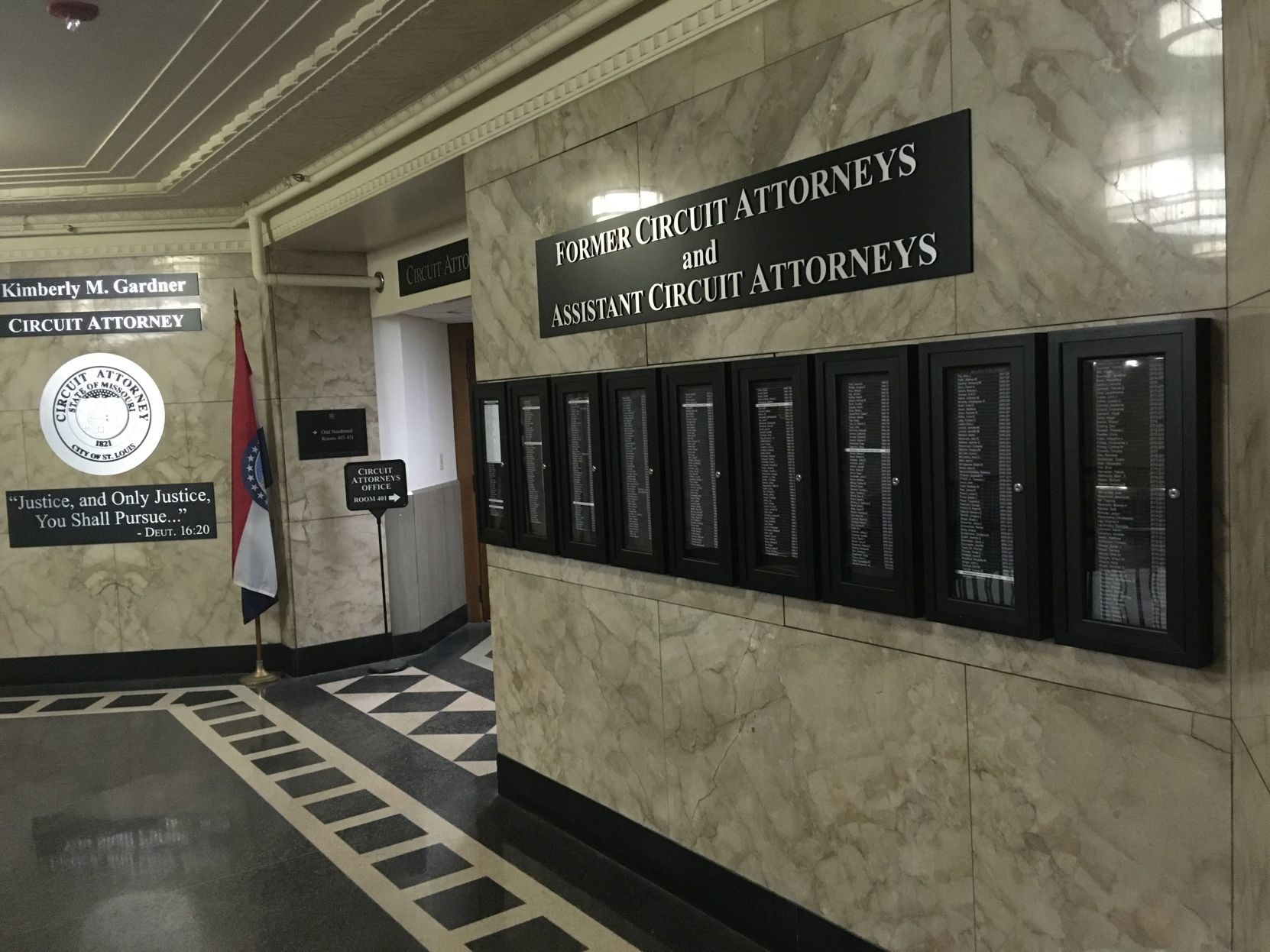 Glass cases list former prosecutors in the Circuit Attorney's Office